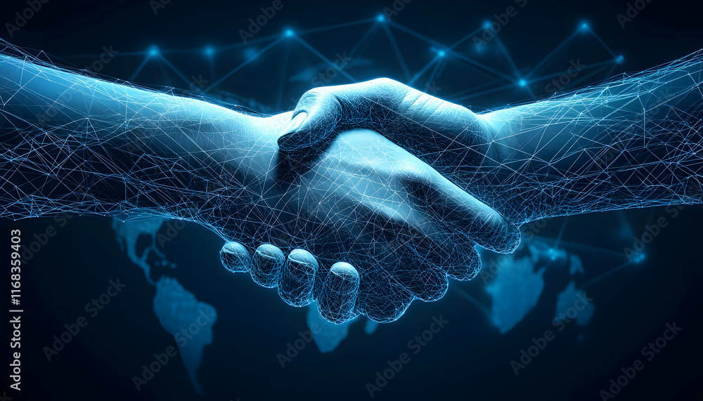 Poster Digital handshake symbolizing partnership and collaboration in the business world with a tech background.