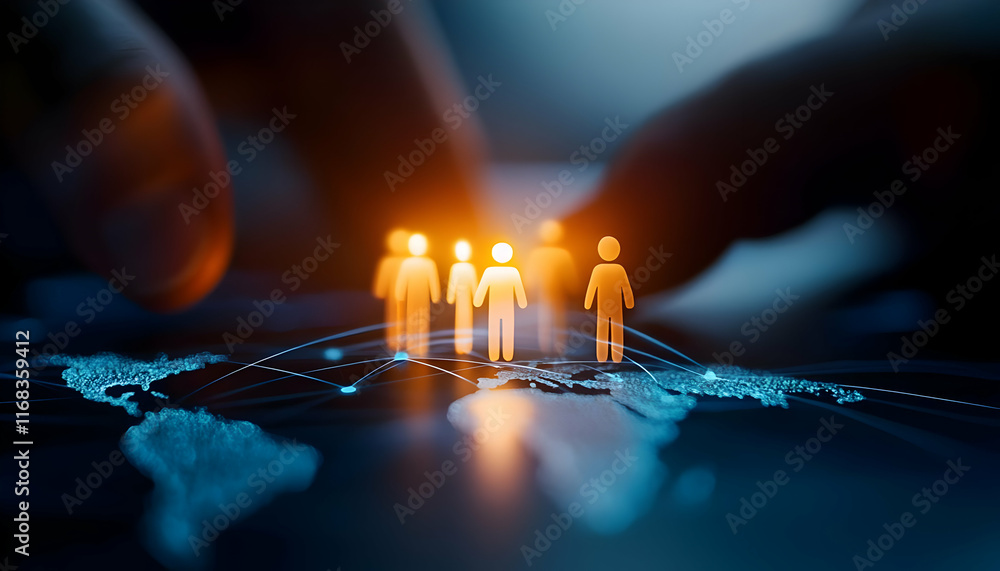 Poster digital network representing connection among people with glowing figures on a virtual map.