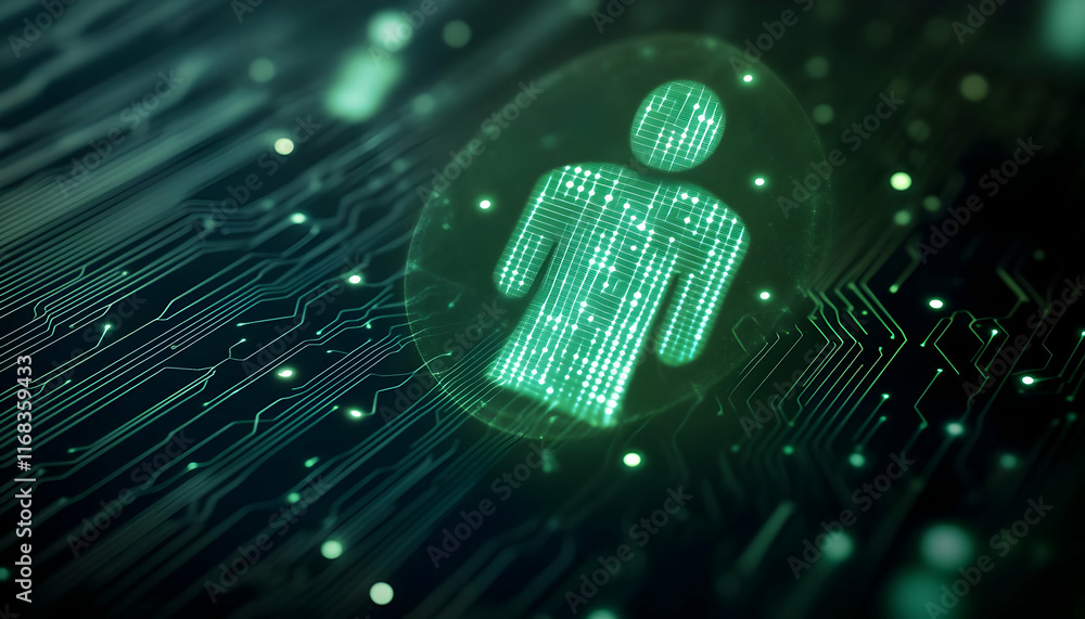 Poster digital representation of a person on a circuit board, symbolizing technology and human interaction.