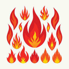 Set of Red and Orange Fire Flame Vector Icons for Hot Flaming Design