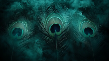 A vibrant illustration of peacock feathers in an extreme close-up, highlighting the vivid colors