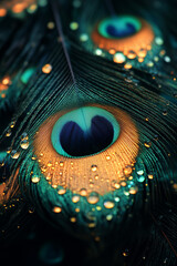A vibrant illustration of peacock feathers in an extreme close-up, highlighting the vivid colors