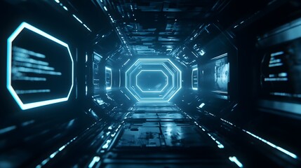 Futuristic Blue Neon Lit Corridor Digital Spacecraft