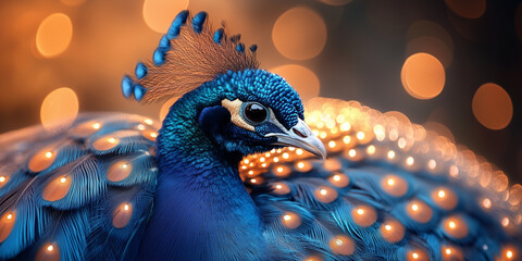 A majestic peacock displaying its radiant plumage in golden light.
