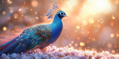 majestic peacock feathers fanned out in a semicircle, each feather shimmering with iridescent colors
