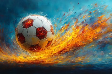 Fototapeta premium Dramatic Soccer Ball in Action, Surrounded by Fire and Color