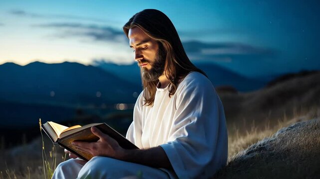 Jesus Christ reading Tora book at nature grass field at nighttime 