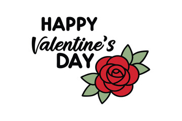 Happy valentine's day hand drawn black vector lettering with red rose.