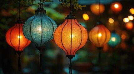 Illuminated Asian Lanterns Hanging in the Night
