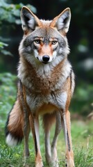 Naklejka premium A close-up of a coyote standing in a natural setting, showcasing its features and fur.