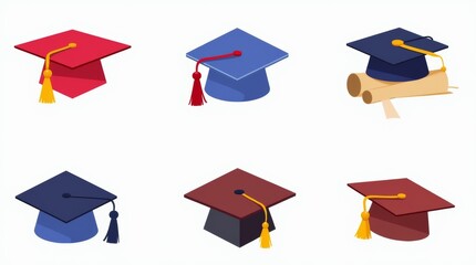 A collection of graduation caps in various styles and angles, showcasing bright colors and unique designs, isolated on a transparent background, capturing the spirit of celebration and achievement.