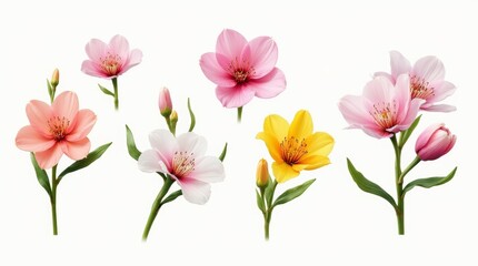 Fototapeta premium A collection of spring blossoms in various colors and species, with bright and fresh backgrounds, isolated on a white background