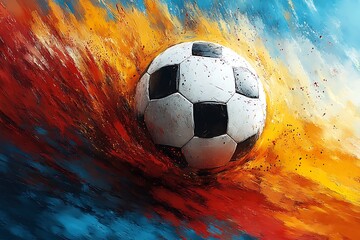 Fototapeta premium Dramatic Soccer Ball in Action, Surrounded by Fire and Color