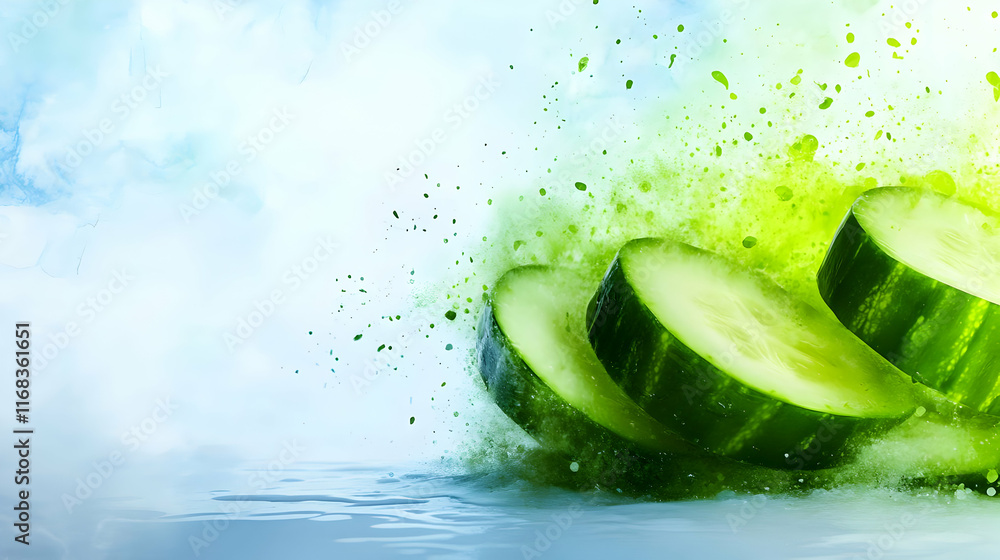 Poster fresh cucumber slices splashing in water, creating a vibrant and refreshing visual with splashes of 