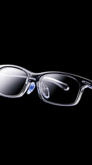 Clear Glasses, Floating, Studio Shot, Black Background, Optics Advertising.