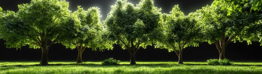 Fototapeta premium Five lush green trees stand in a row on a grassy field against a dark background.