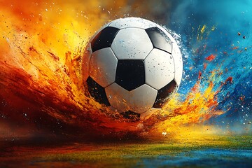Fototapeta premium Dramatic Soccer Ball in Action, Surrounded by Fire and Color
