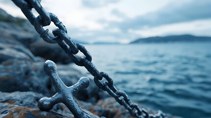 Coastal Chain Link Cross, Rocky Shore, Ocean Background, Security Concept.