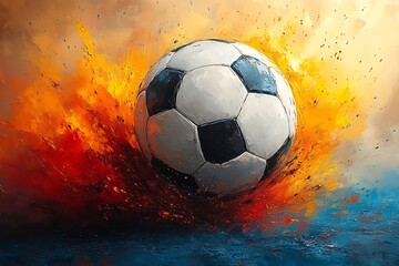 Naklejka premium Dramatic Soccer Ball in Action, Surrounded by Fire and Color