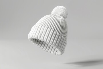 White ribbed beanie with pompom, floating. (1)