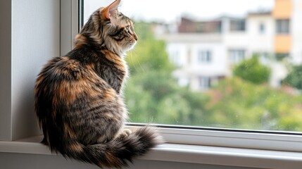 A cat sitting by a window, gazing outside at a green landscape and buildings.