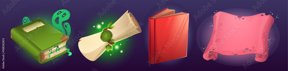 Aufkleber old magic book and parchment scroll icon for game ui design. cartoon vector illustration set of clos