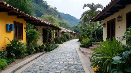 Obraz premium Cobblestone path, colorful houses, lush greenery, Colombian mountainside, tourism brochure.