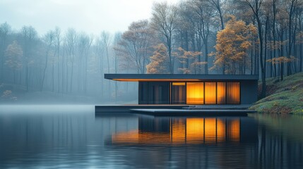 Serene Lakeside Modern Cabin in Autumn