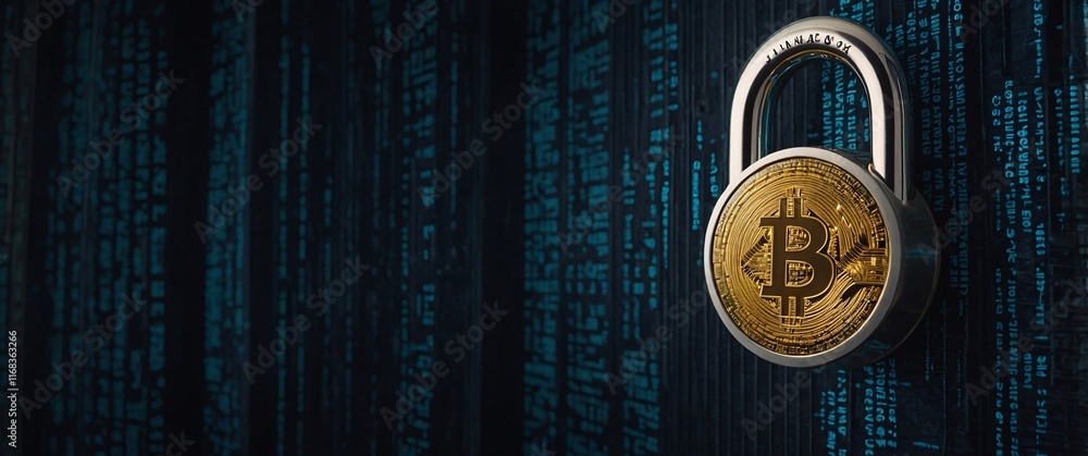 Poster bitcoin security: a golden bitcoin coin is secured by a padlock on a dark blue background, symbolizi