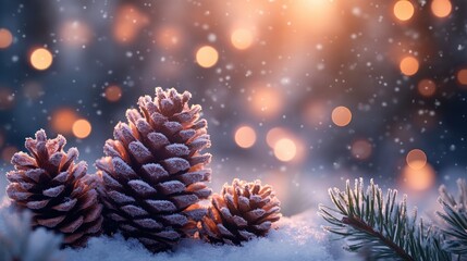 Winter Background Snow Pinecones Branches Warm Golden Bokeh Lights Serene Seasonal Scene