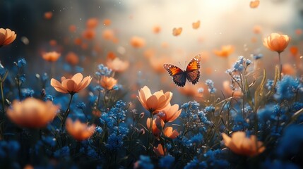 Enchanted Meadow: A Butterfly's Dance Among Blossoms