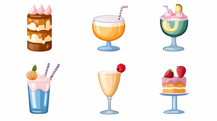 Colorful Dessert & Drink Icons; Menu Design; White Background; Cartoon Style.