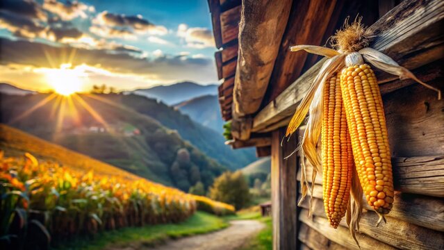 Asturian Horreo Granary Corn Harvest: Rustic Autumnal Stock Photo