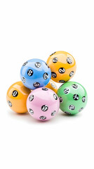 Colorful pastel dice game pieces on white background; tabletop game, hobby, luck, chance.