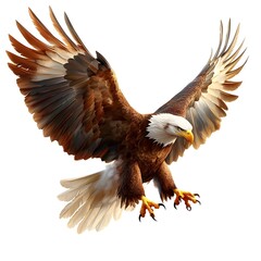 Obraz premium Majestic Bald Eagle in Mid Flight with Open Wings on White Background