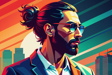 Portrait of handsome man with beard in sunglasses. illustration.
