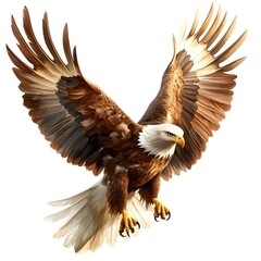 Obraz premium Majestic eagle in mid flight with open wings against white background