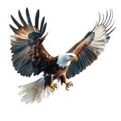 Obraz premium Magnificent Eagle in Mid Flight with Outstretched Wings Against White Background