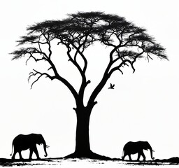 Silhouette of Two Elephants Under an Acacia Tree at Sunset