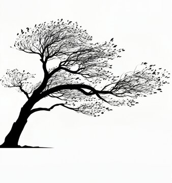 Elegant Silhouette of a Windswept Tree on a White Background