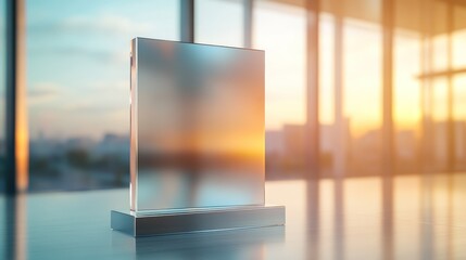 Clear glass sign on table.