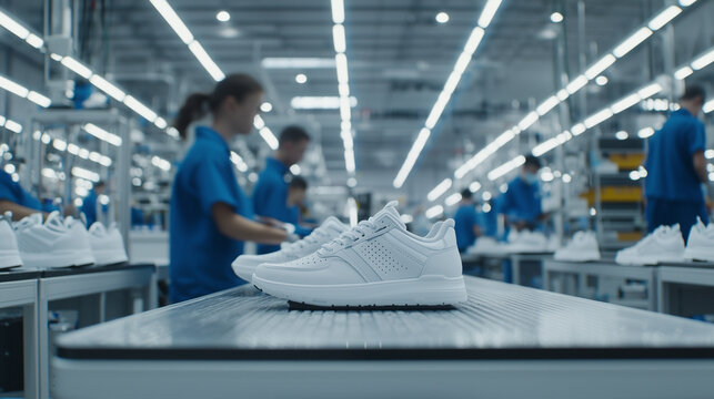 Shoes on the Assembly Line: A close-up shot of a pair of white sneakers on a production line in a bustling factory, capturing the essence of craftsmanship and industrial manufacturing.