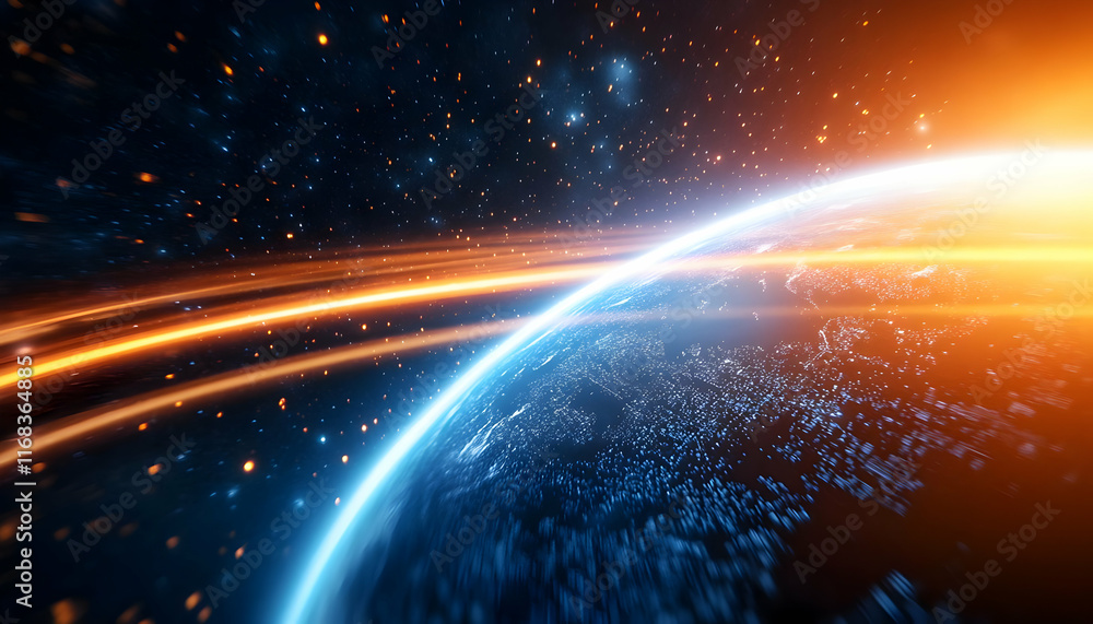 Wall mural stunning view of earth from space with bright streaks of light and deep cosmic background, inspiring