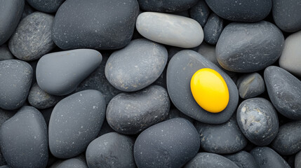 Yellow Stone: A single, vibrant yellow stone stands out amidst a field of smooth, gray pebbles, a compelling metaphor for individuality and resilience. 