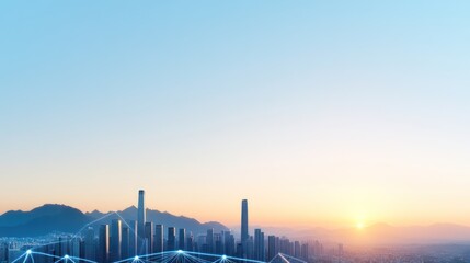 Naklejka premium City skyline at sunrise with a digital network overlay.