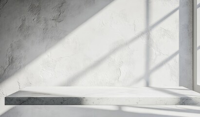 Minimalist marble shelf with sunlight shadows on textured wall.