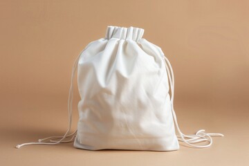 White drawstring bag on beige background.