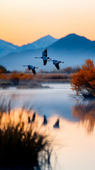 Cranes Flying Over Misty Mountain Lake at Sunrise.