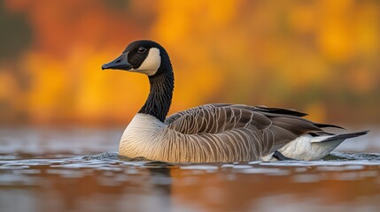 Fototapeta premium Canada goose swimming on calm water with autumn foliage in background.