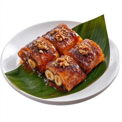 a serving of Thai steamed banana cake (Khanom Gluay), semi-realistic painting, earthy hues, isolated on white background